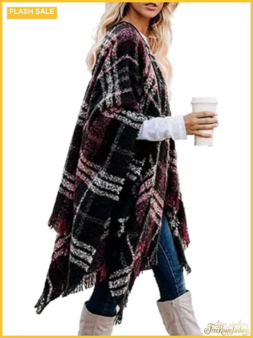 Plaid Shawl Wrap Open Front Poncho Tassel Hem Boho Fall Winter